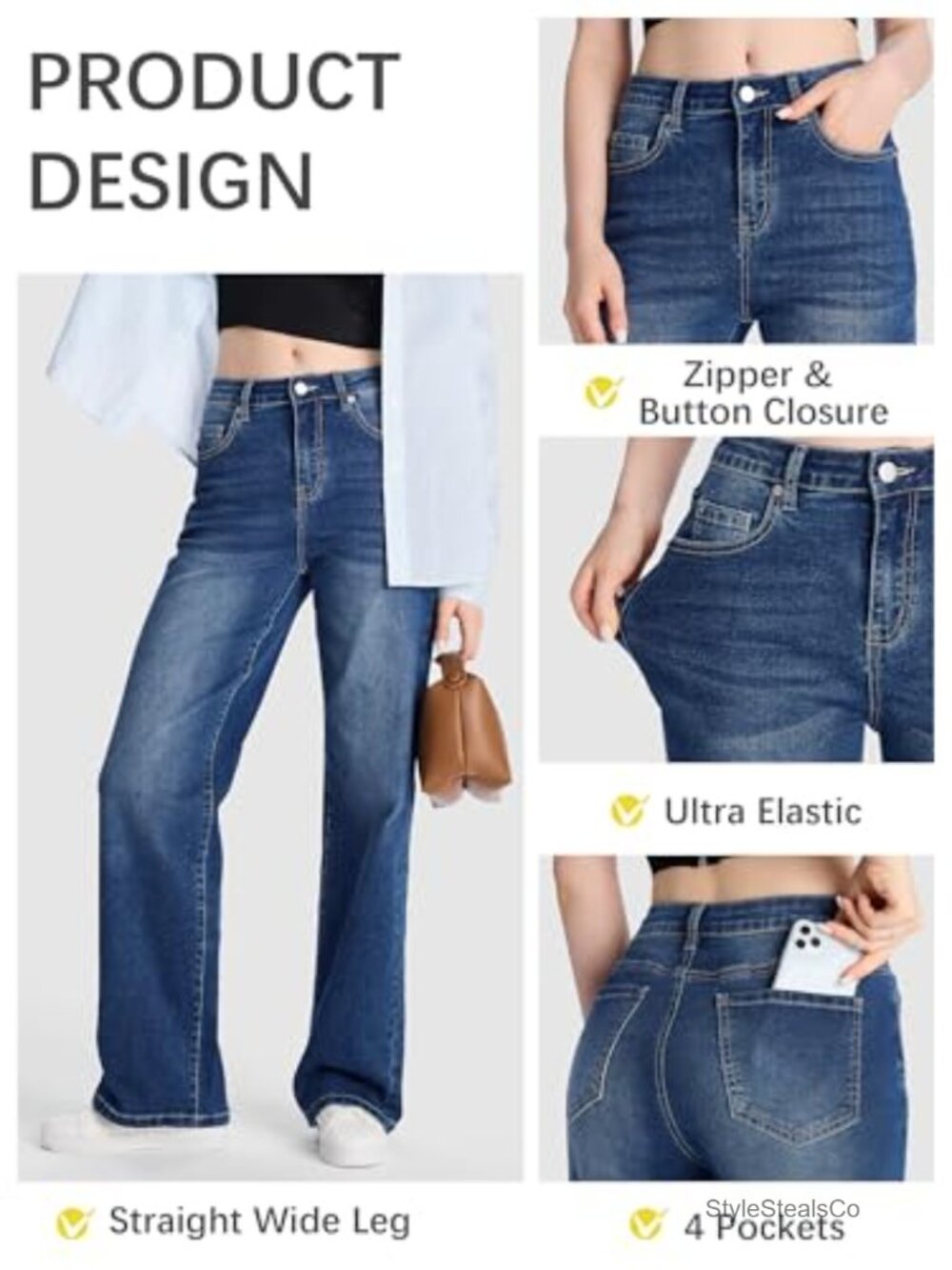 Tall Straight Leg Jeans Mid Waist Stretchy Loose Denim Pants Casual Baggy - Picture 6 of 7